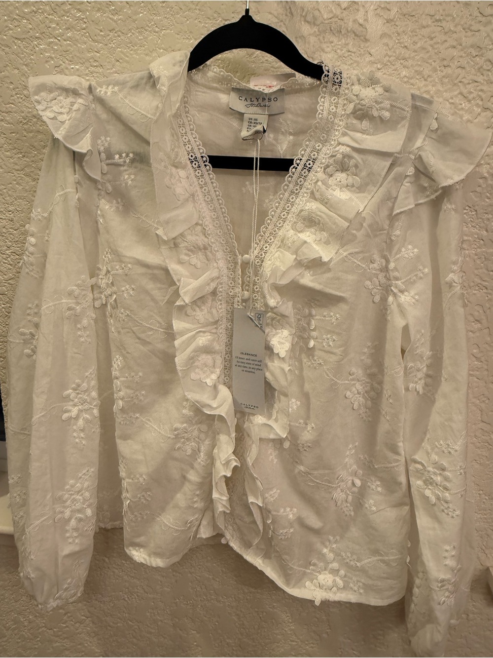 Calypso St. Barth  White Eyelet Ruffle Blouse XS Islegance Collection NWT Boho